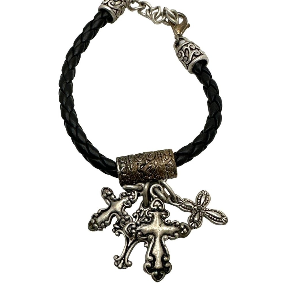 Romantic Goth Ornate Cross Bracelet Braided Leather Cord Edgy Religious Charm